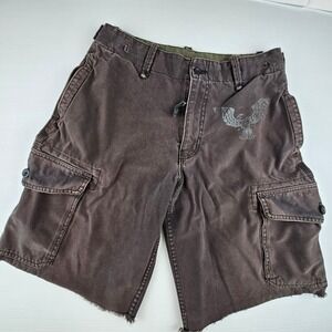 Old Navy Vintage 2004 Eagle Graphic Cargo Shorts Charcoal Distressed Raw Hem W31